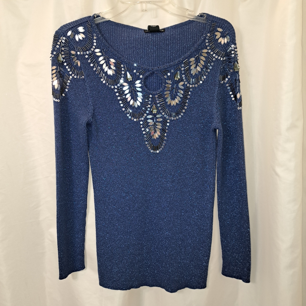 NWT Sz S Lauren Michelle Cobalt Blue Metallic Sequin Beaded Keyhole Sweater